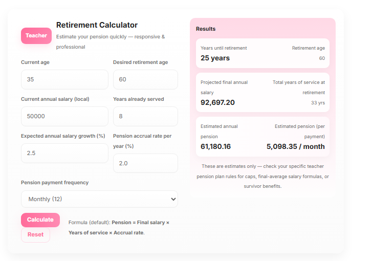 "Teacher Retirement Calculator estimating pension."