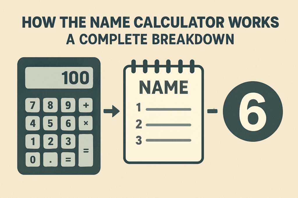 Illustration of a name being processed through a digital calculator, with numbers, charts, and energy symbols visualizing the calculation process.