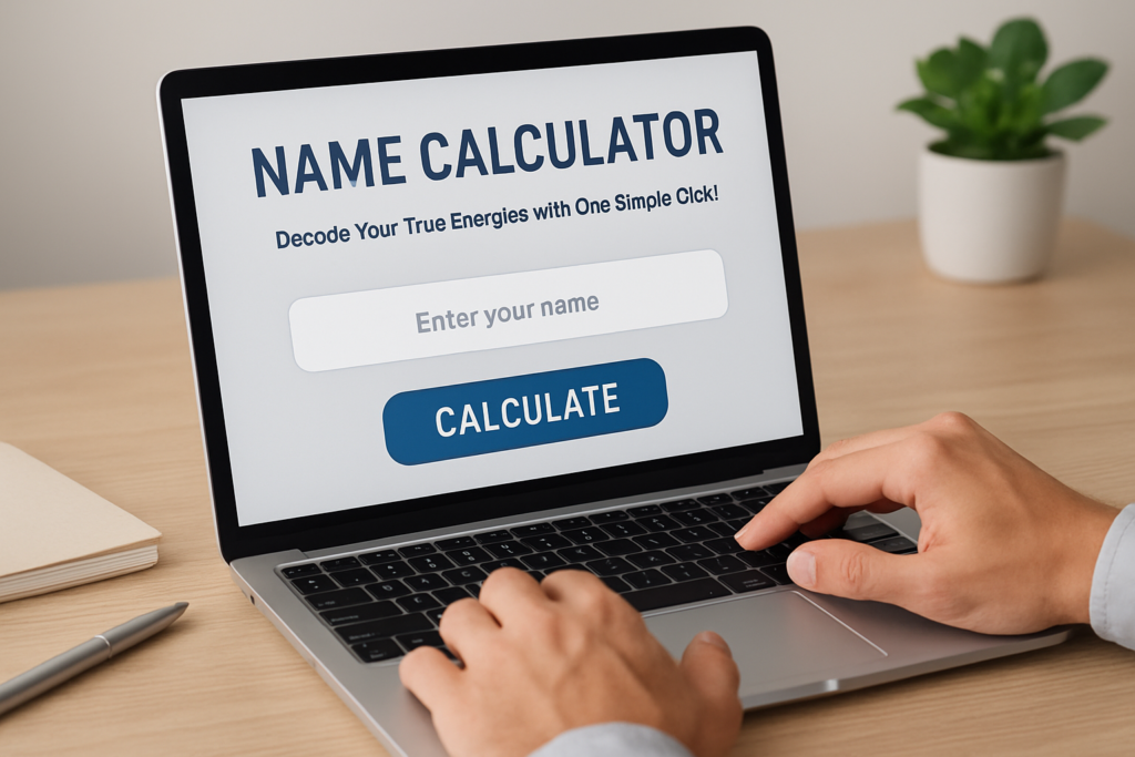A digital name calculator interface with glowing numbers and symbols, symbolizing the discovery of personal energies through numerology.