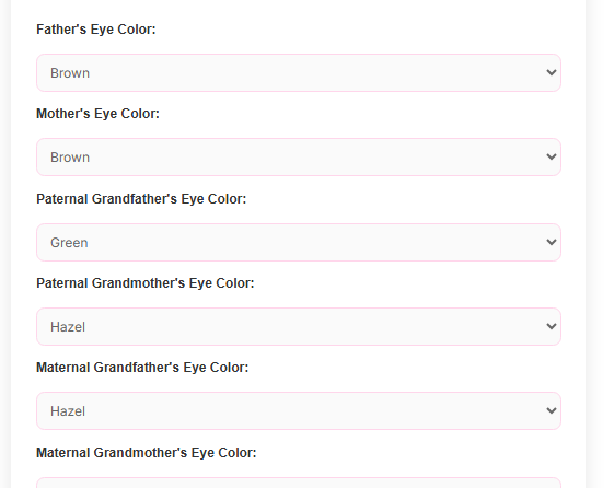 Graphic showing a user entering parent and grandparent eye colors into a calculator to see predicted baby eye colors.