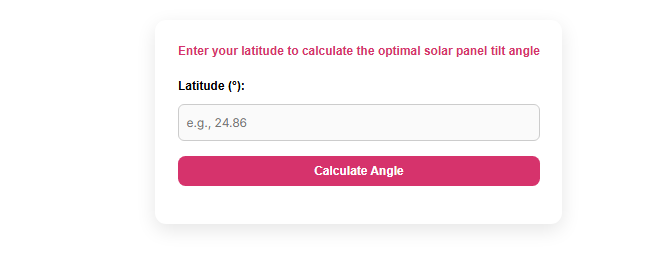 Solar panel angle calculator showing latitude input and optimal tilt angle results